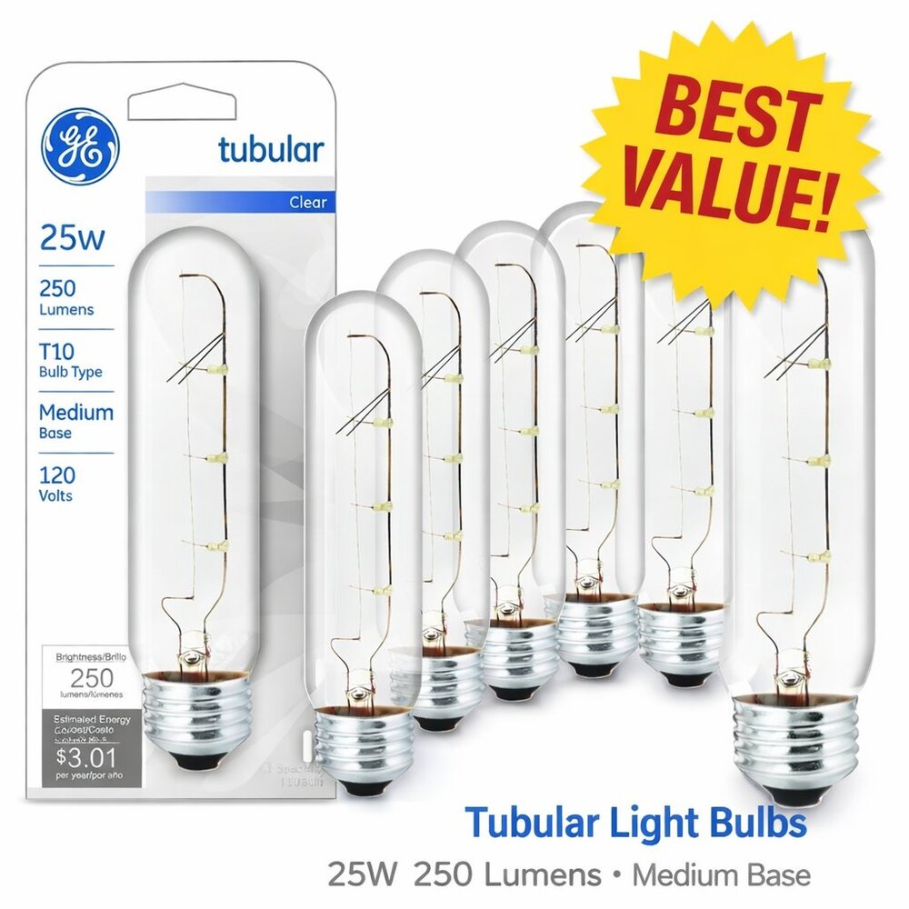 GE Tubular 7PC T10 Clear Light Bulbs 25W 250 Lumens MED Base Cabinet Aquarium